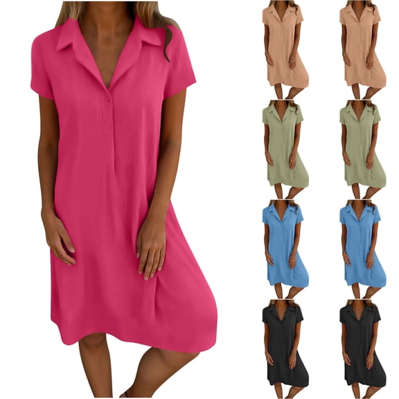 Ahuyic Printed Solid Color Plus Size Dress For Women, Summer Womens' Short Sleeve Knee-Length Dresses,Ladies Casual Spring And Summer Loose Dress V-Neck Cotton And Linen Shirt Dress