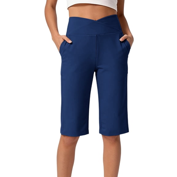 HongQid Women's Bermuda Shorts Knee Length High Waisted Stretchy Long Shorts with Pockets Athletic Casual Summer