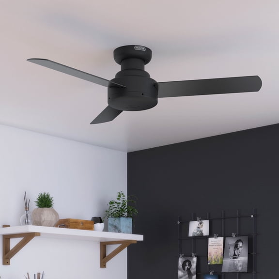 Hunter 44 inch Indoor Ceiling Fan No Light - Black Modern Ceiling Fan without Light, 3 Blades, Low Profile Mount, For Bedroom, Living Room, or Kitchen, Wall Control - Presto 52401, Matte Black