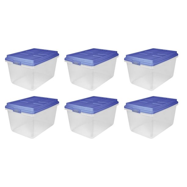 Hefty 72 Qt. Clear Plastic Storage Bin with Blue HIRISE Lid, 6 Pack