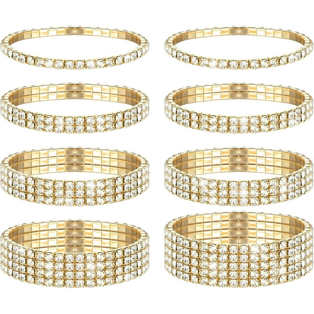 PinesC 8Pcs Rhinestone Bracelets, Stackable Rhinestones Stretch Bangle Crystal Silver Sparkl Bridal Bracelet Tennis Bracelet Set Bling Wedding Bangles for Women Brides Prom Party