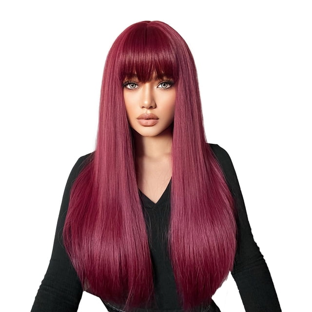 Long Black Wig Human Hair with Bangs and Wig Cap Glueless Straight Natural Wigs 26 Inch
