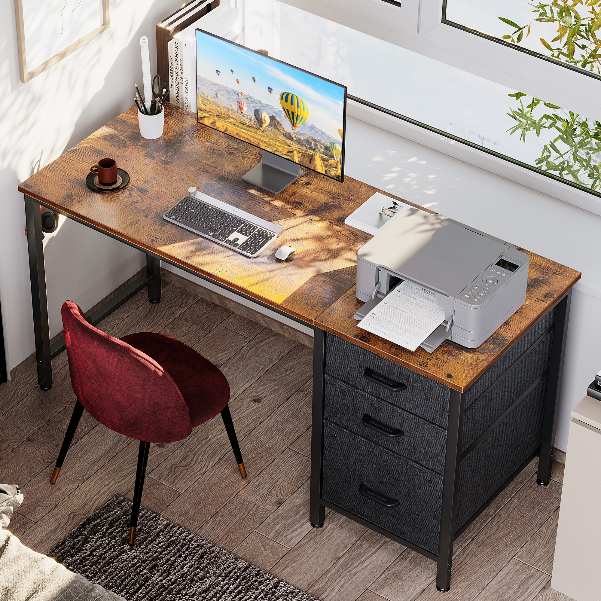48 Inch Computer Desk with 3 Fabric Drawers, Home Office Desk with File Cabinet, Writing Desk for Work and Study, Vintage and Black