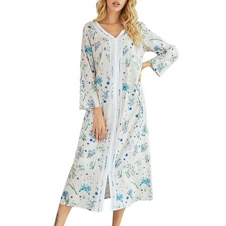 

WBQ Women Nightgown Long Sleeve Sleepwear Loungewear V Neck Floral Print Nightshirts Ankle-Length Pullover Pajama Dress Casual Loose Thin Pajamas House Dresses Apricot S-2XL
