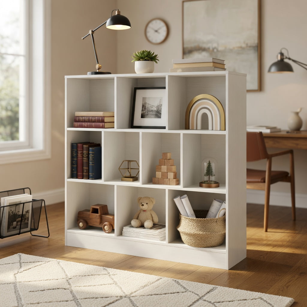 Barara King Kids Storage Unit Bookshelf,Toy Storage Organizer,41 inches Wooden Toy Storage Organizer with 10 Cubes for Kids-White