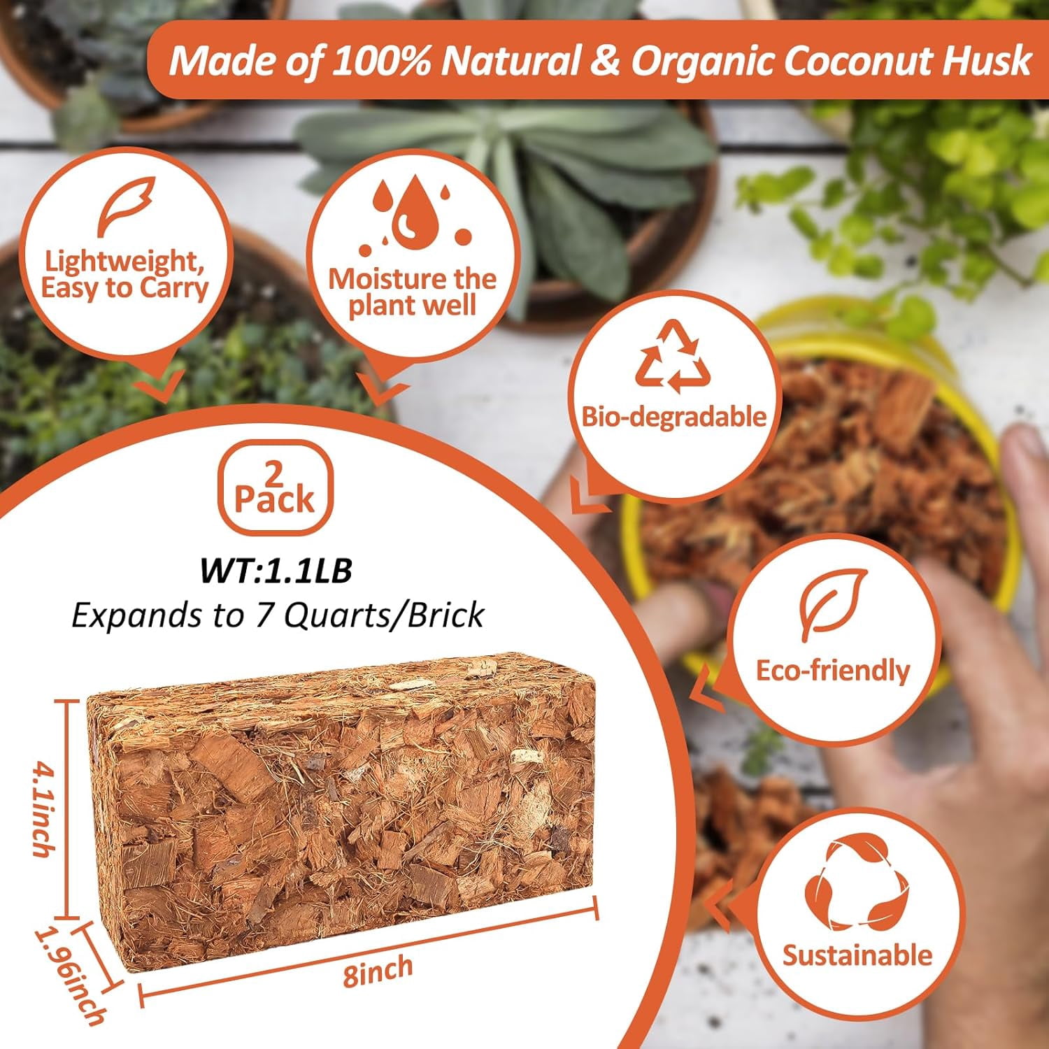 2 Pack Coco Chips Substrate for Plants- 2.2lb 100% Organic Coconut Husk Brick with Low EC and pH Balanced, High Expansion Coconut Substrate Coco Husk Mulch for Garden Flowers, Herbs, Planting