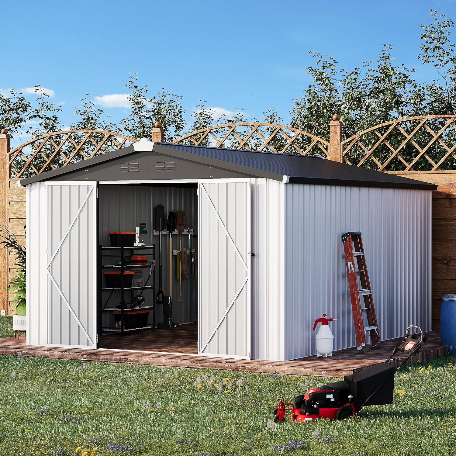 YODOLLA 10' x 14' Outdoor Storage Shed with Lockable Door Patio Metal Garden Storage Building in White for Outside