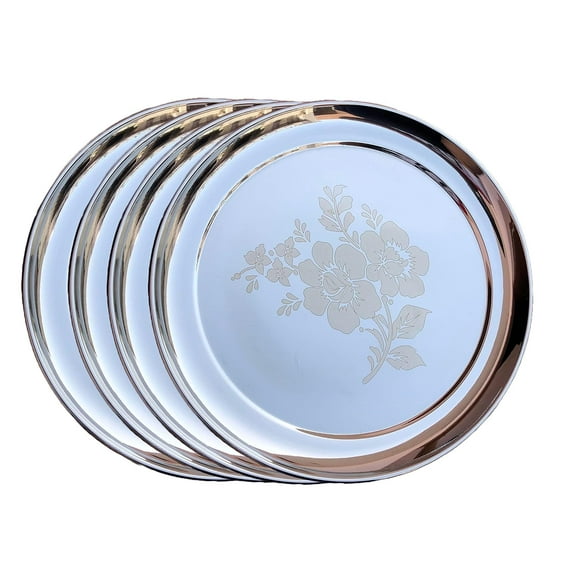 Silver Stainless Steel Laser Design Dinner Plate Set Of 4 - Full Size Plate With Floral Design, Diam. 29.5 Cm