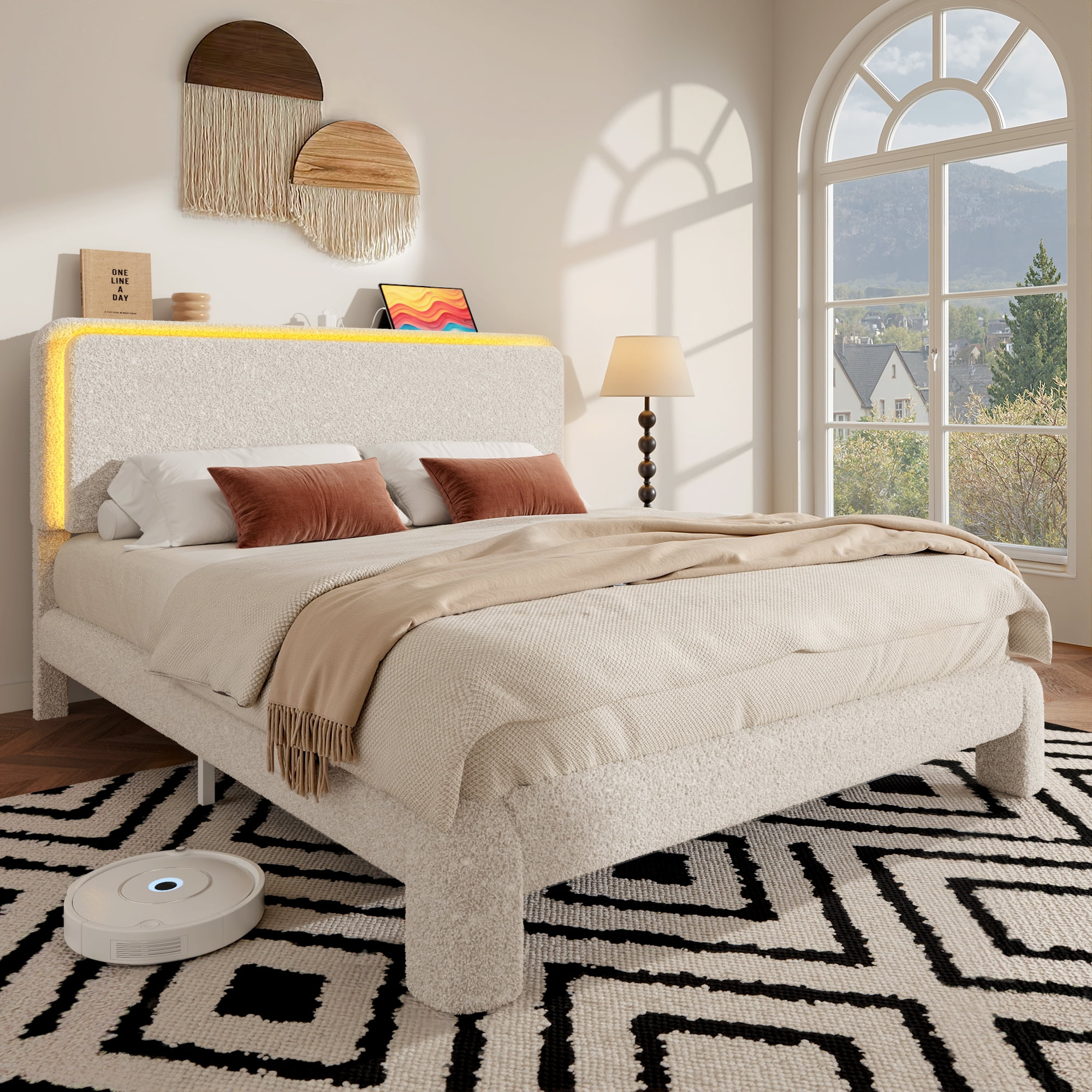 Fluest Queen Size Boucle Upholstered Bed Frame, Cloud Headboard, Built-in Charging Station & LED Lights, Beige, No Box Spring Needed