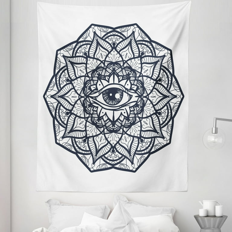 White Tapestry Abstract Ornamental Eye with Mandala Form Providence Energy in Action Design Fabric Wall Hanging Decor for Bedroom Living Room Dorm