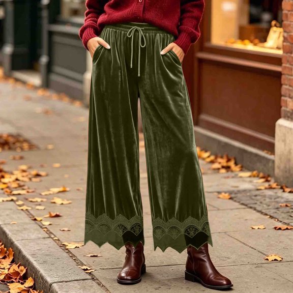 Karymi Shorts for Women Solid Velvet Wide Leg Long Pants, Elastic Drawstring High Waist Trousers, Hollow Lace Scalloped Hem Side Pockets Palazzo Pants Women's Shorts