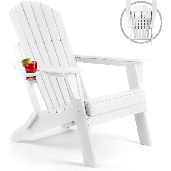 Beran7 Folding Adirondack Chair, 400LBS Waterproof Heat Resistant with Cup Holder, Wide Comfort Seat for Outdoor Patio Garden Beach Fire Pit,White