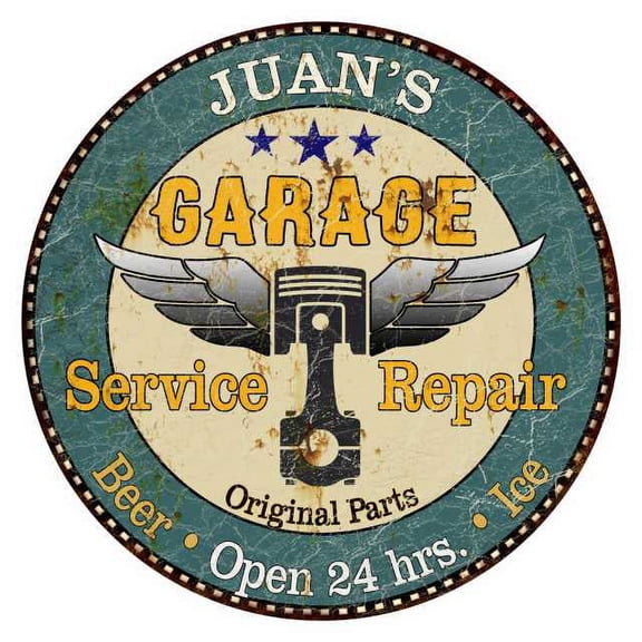 JUAN'S Garage 12" Round Metal Sign Man Cave Home Wall Décor 200120027078