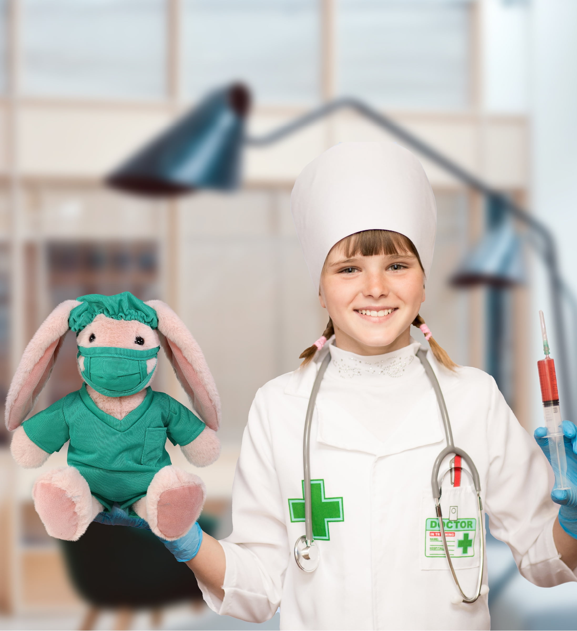 DolliBu Baby Pink Rabbit Doctor Plush Toy - Super Soft Rabbit Doctor Stuffed Animal Dress Up with Cute Scrub Uniform and Cap Outfit - Fluffy Toy Plush Gift for Doctor, Nurse, Surgeon, Dentist - 8 Inch