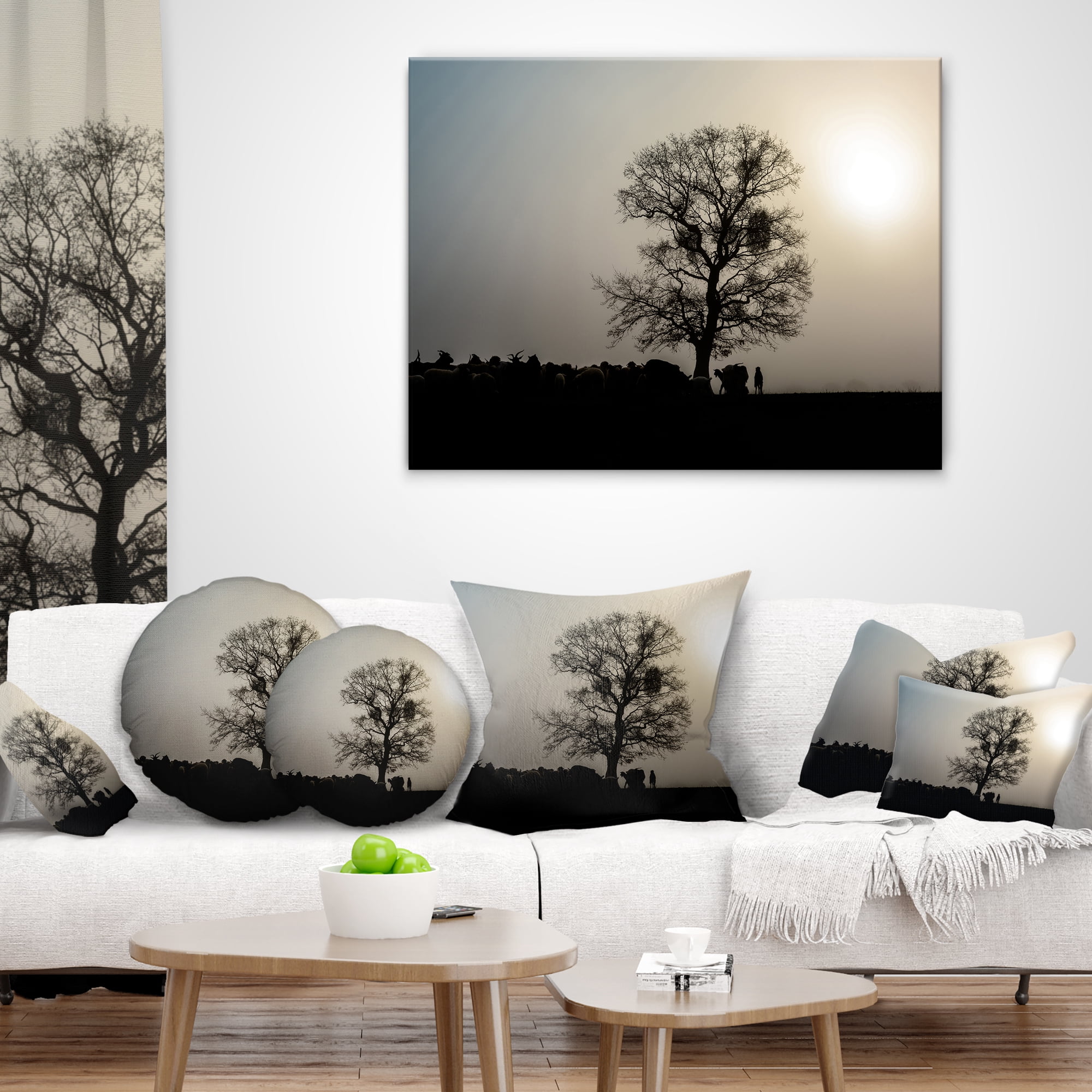 Designart Frosty Spring Morning Sunrise with Tree - Landscape Printed Throw Pillow - 18x18