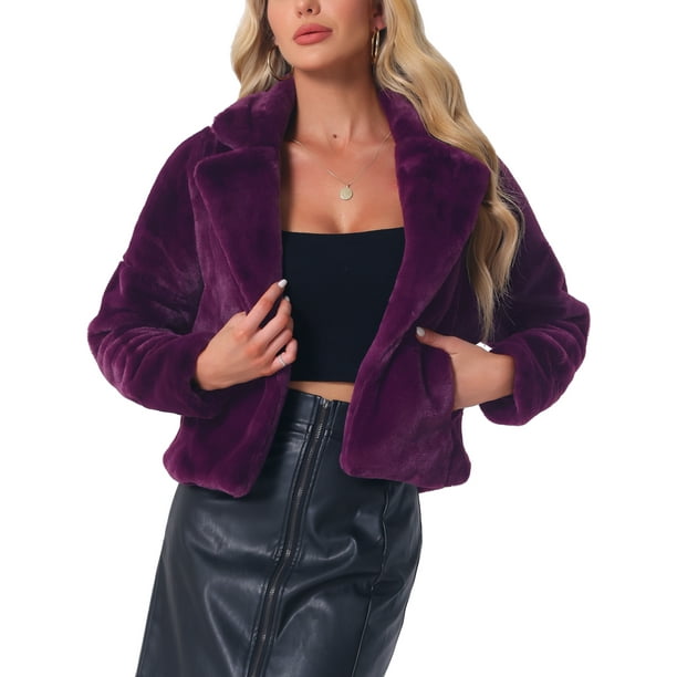 Chaqueta corta de pelaje sintético esponjoso de manga larga con cuello de muesca para mujer INSPIRE CHIC XS en púrpura uva