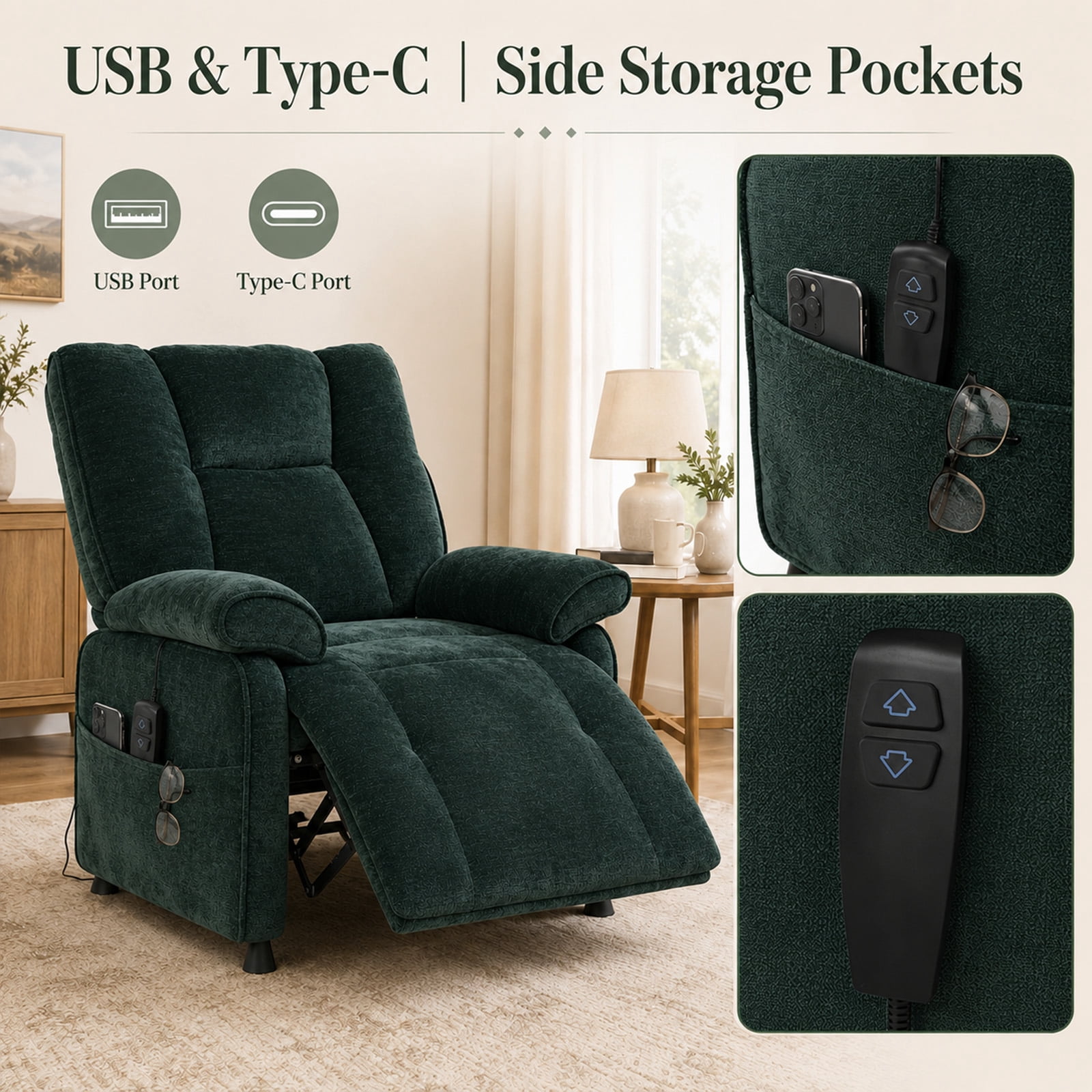 Leumius Recliner Chair, Ergonomic Tufted Cushion Single Recliner with Chenille Fabric, Side Storage Pocket, Anti-Slip Wooden Legs, 300lbs Capacity for Living Room Bedroom Gaming Lounge,Blackish Green