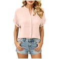 thumbnail image 2 of Sheghy Women Tops Cotton Solid Crew Neck Shirt, Button Front Short Sleeve Top with Side Pockets Blouse, 2 of 7