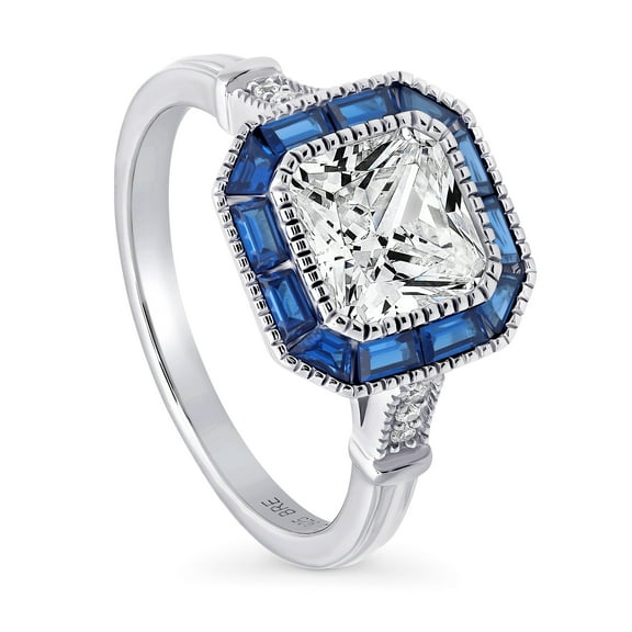 BERRICLE Sterling Silver Halo Art Deco Milgrain Ring for Women, Princess Cut Cubic Zirconia CZ Size 7.5