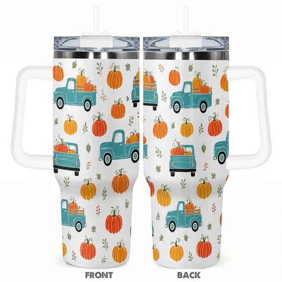 40oz Fall Pumpkin Truck Travel Tumbler Insulated Car Cup with Handle Straw Stainless Steel Large Capacity Coffee Cup Autumn Harvest Gift