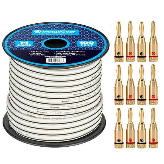 InstallGear 14 Gauge Speaker Wire with Banana Plugs - 100ft White Cable for Outdoor, Automotive & Marine