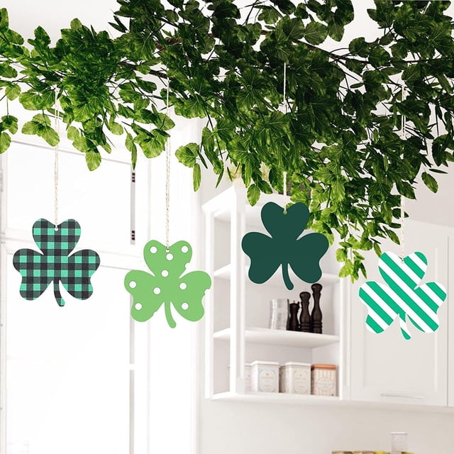 Juego de 24 adornos de madera de trébol para el Día de San Patricio, adornos festivos de madera, perfectos para fiestas en casa, Nochebuena y Año Nuevo. Juego de adornos navideños, adornos
