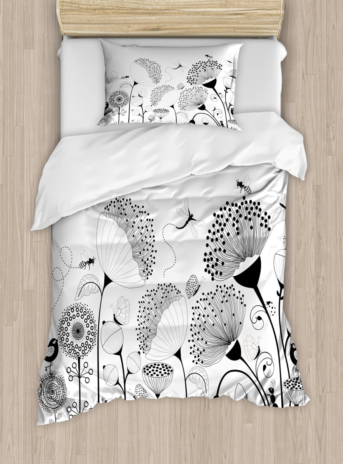 Black and White Duvet Cover Set, Small Large Blooming Flowers with