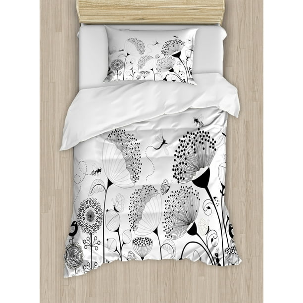 Black and White Twin Size Duvet Cover Set, Small Large Blooming Flowers