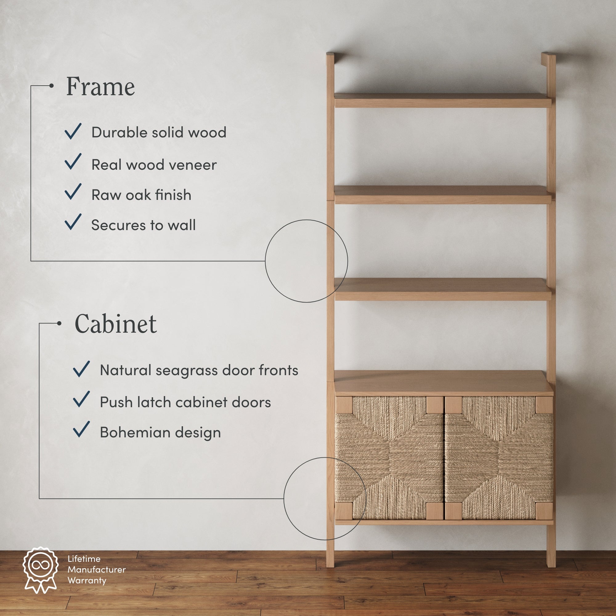 Nathan James Beacon 3-Shelf Bookcase with Seagrass Cabinet, Solid Wood Bookshelf with Storage with Solid Wood Frame, Seagrass/Raw Oak