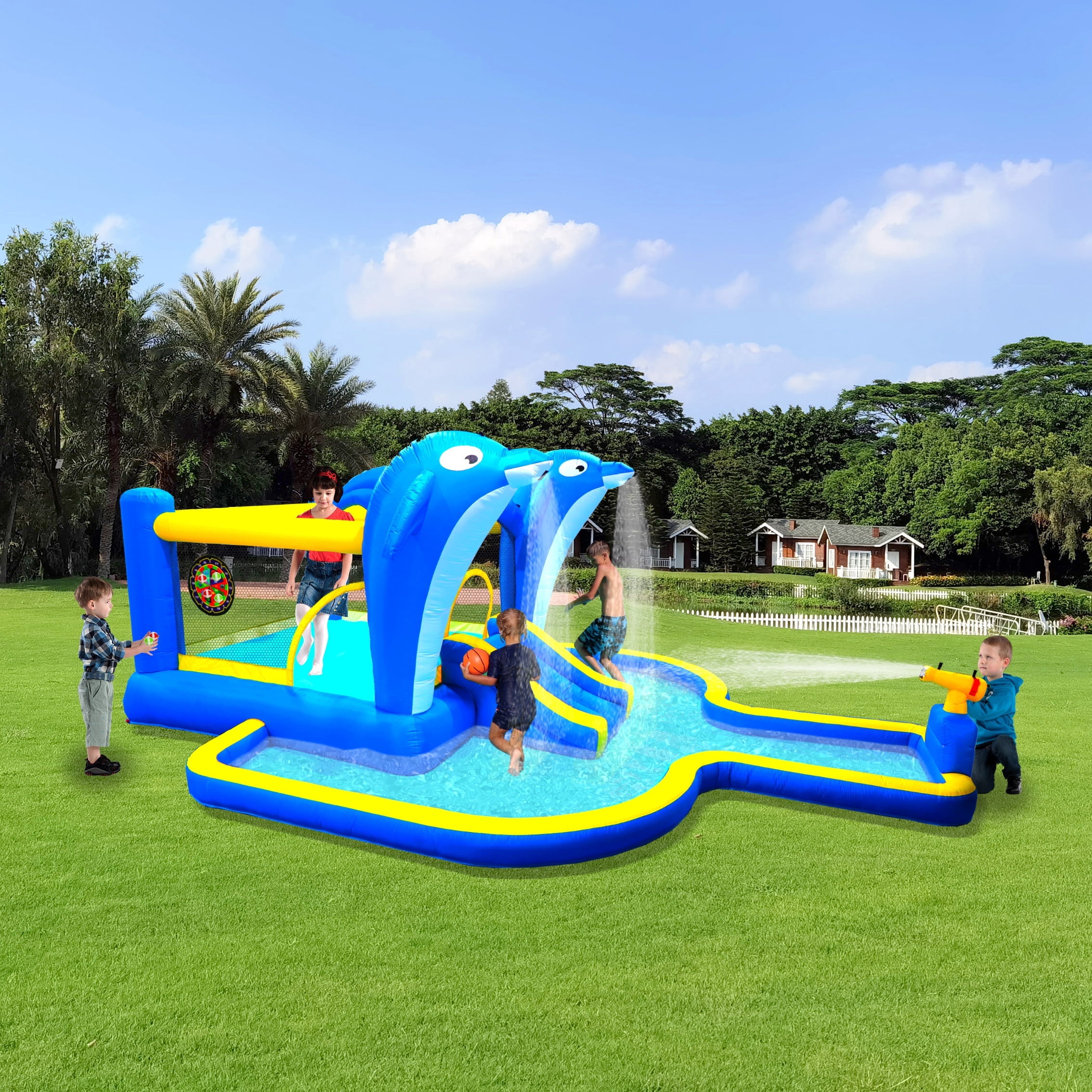 Ambifirner 8-in-1 Inflatable Water Slide Park & Bounce House with Dolphin Sprinkler, Target Games, Water Gun, Basketball - Certified Blower, Oxford Fabric, Outdoor Family Fun
