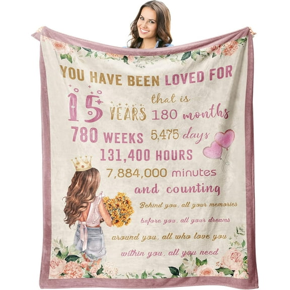 Quinceanera Gifts Blanket - 15 Year Old Girl Gifts for Birthday - 15th Birthday Gifts for Teen Girls Throws 60"X50" - 15th Birthday Decorations for Girls - 15 Year Old Girl Gift Ideas