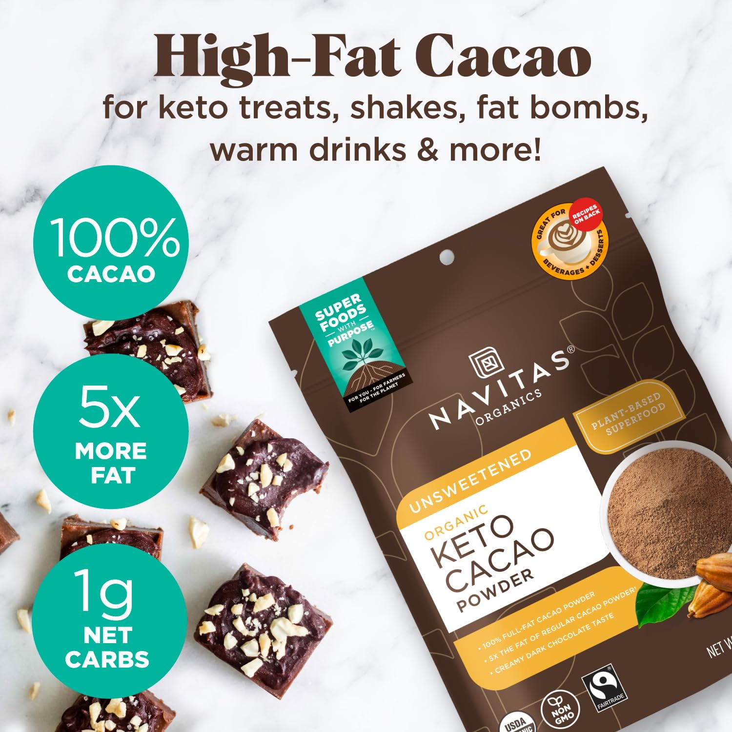 Navitas Organics Keto Cacao Powder, 8 oz. Bag, 15 Servings