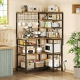 thumbnail image 3 of L-Shaped Bakers Rack with Power Outlet, 6-Tier Microwave Stand with Open Storage, Coffee Bar with Hooks, Mesh Grid, Kitchen Shelf with Wire Basket, Rustic Brown, 3 of 8