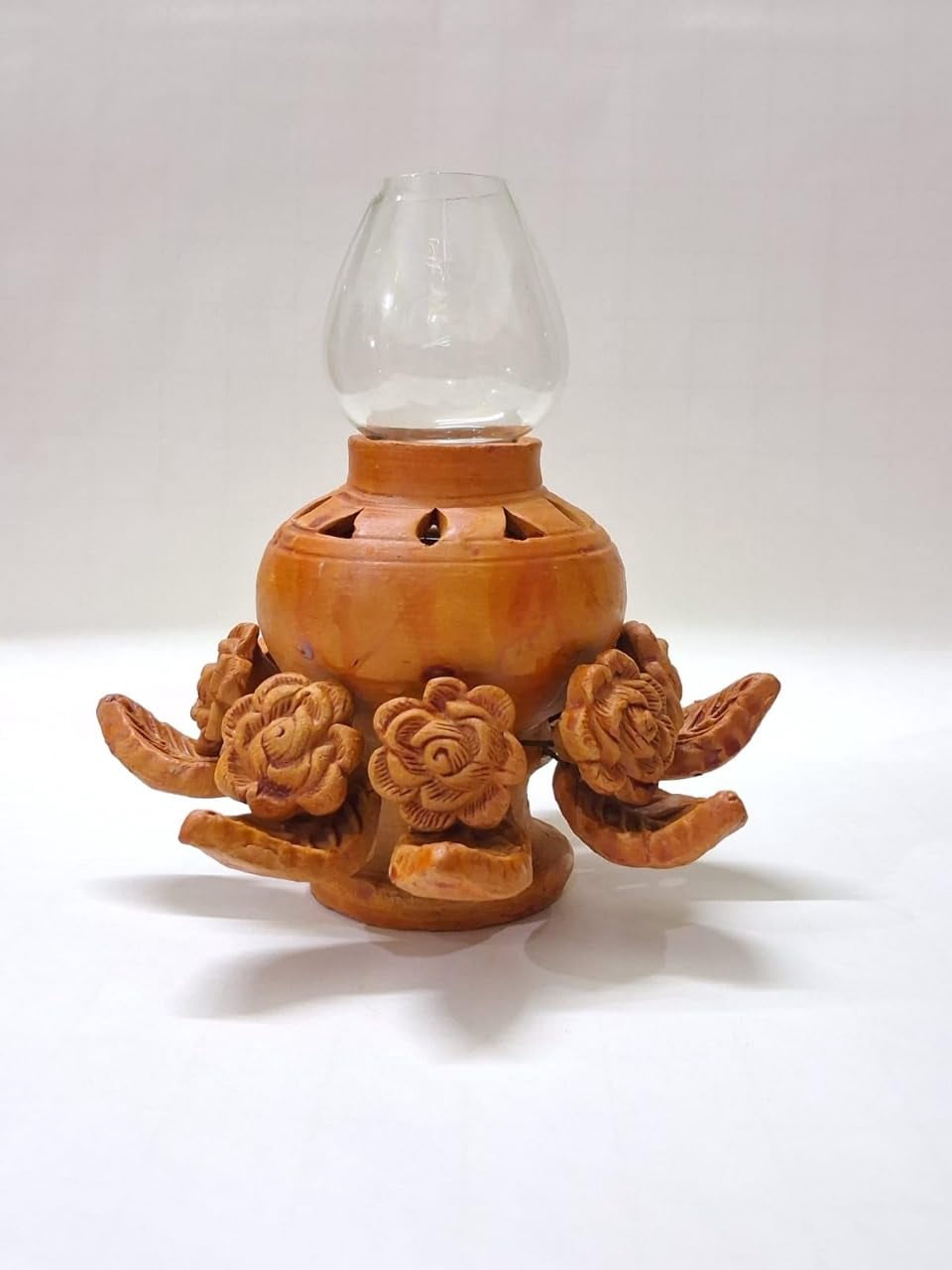 PrakRtyA: Handcrafted Clay Oil Lamp with Glass Chimney | Decorative Carved Floral Design Diya for Home Décor, Pooja & Gifting