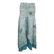 Mogul Womens Vintage Dress Silk Sari Printed Two Layered Maxi Skirt
