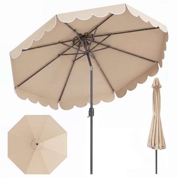 Costway 10 FT Patio Umbrella with Crank Tilt Adjustment Ruffles Vented Top 8 Ribs Beige