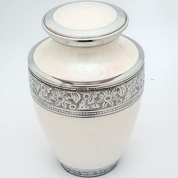Silver Engraved Cremation Urn for Human Ashes Adult Funeral Urn Handcrafted - Large Burial Urn for Human Ashes - BAG INCLUDED (7" x 7" x 10" - 200 bs or 90 kg, Pearl White)