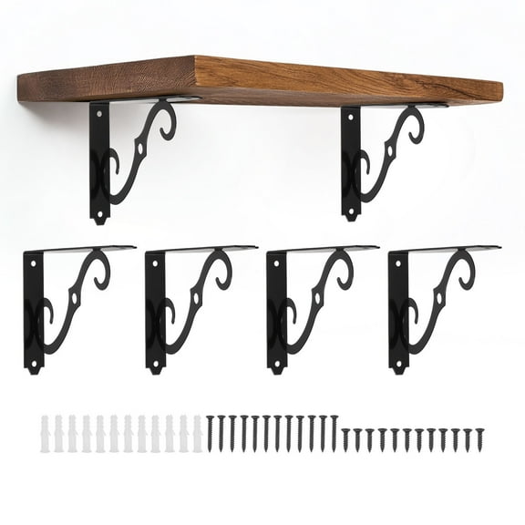 Uxcell 6 Pcs Decorative Shelf Brackets, 8" x 5" Heavy Duty Floating Shelf Brackets for Wall Bookshelves Shelves Support, Black