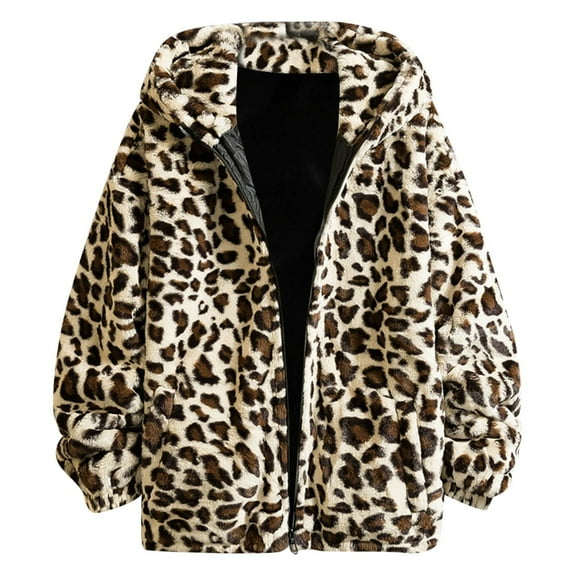 Cnbwig Women's Jacket Leopard Print Hop Loose Fitting Zipper Hooded Padded Coat Thick Furry Warm Jacket for Winter Outwear Beige L