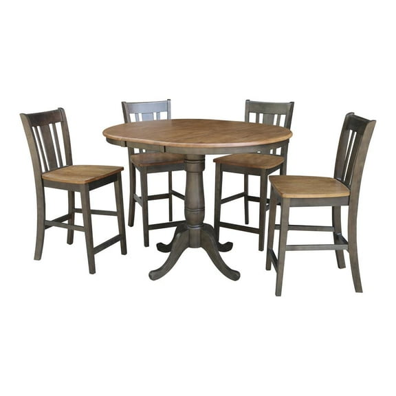 36" Round Wood Extension Counterheight Table and 4 Stools in Hickory/Washed Coal