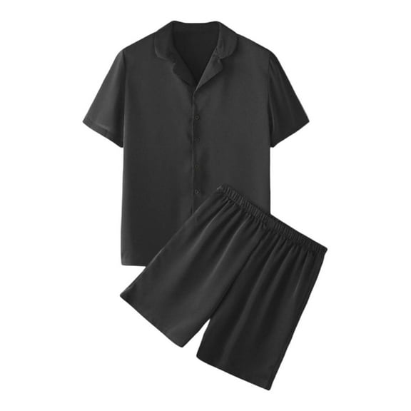 JTieacloth Men's Pajama Shirts Male Spring And Summer Soild Color Satin Imitation Silk Comfortable Shirt Shorts Home Service Suit Black