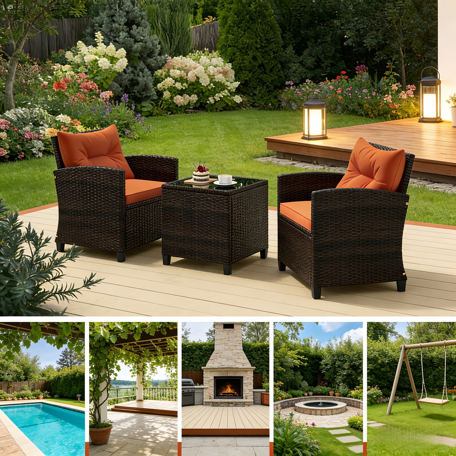 Hommoo 3 PCS Rattan Patio Furniture Set, Outdoor Brown Wicker Conversation Set with Glass Tabletop & Orange Cushion