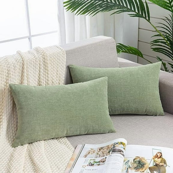 0829 Lumbar Support Pillow Decorative Rectangle Throw Pillow Covers 12"x20" Inch Set of 2, Super Soft Chenille Fall Pillowcase for Living Room Bedroom Sofa Couch Cushion Cover Sage Green 30x50cm