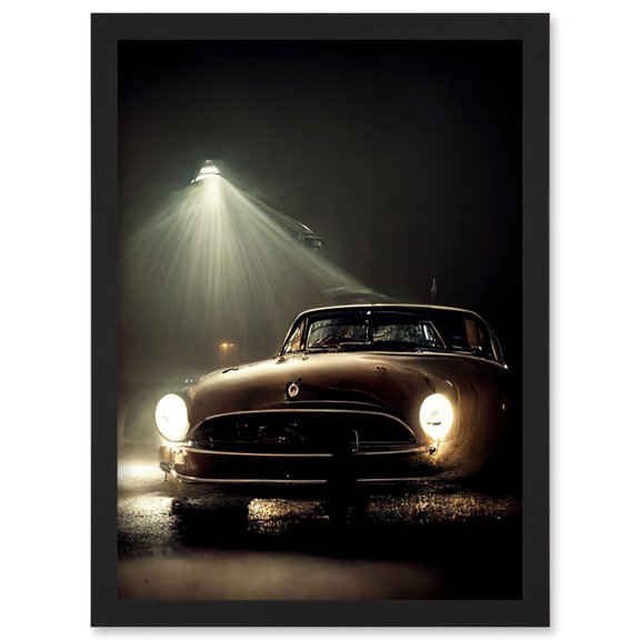 Cinematic Atmospheric Night Shot Of Vintage Car Headlights Artwork Framed Wall Art Print A4