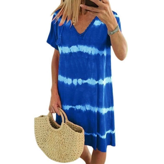 Plus Size Women's Summer Holiday T-Shirt Dress Tie Dye Mini Sundress Tops LIGHT BLUE M