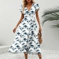 thumbnail image 2 of Women's Summer Floral Print V-Neck Waisted Short Sleeve Dress with Ruffled Hem - Casual A-Line Stretch Dress for Outdoor, Party, or Daily Wear,Dark Blue 2XL, 2 of 5