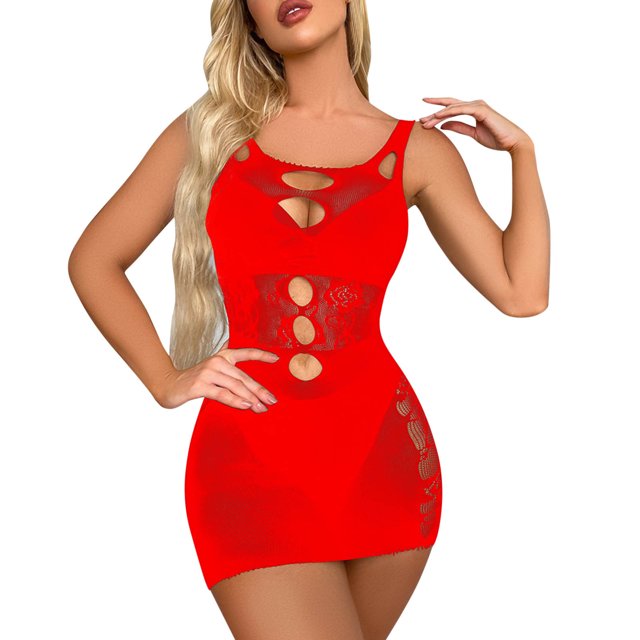 TSADFHJI Lingerie pour Femmes Ensemble 2 Pcs Mode Femme Manches Courtes Robe Translucide Ajourée Robe Aguichant Boîte de Nuit Robe Moulante Décontractée Mini Robe Taille Unique Rouge