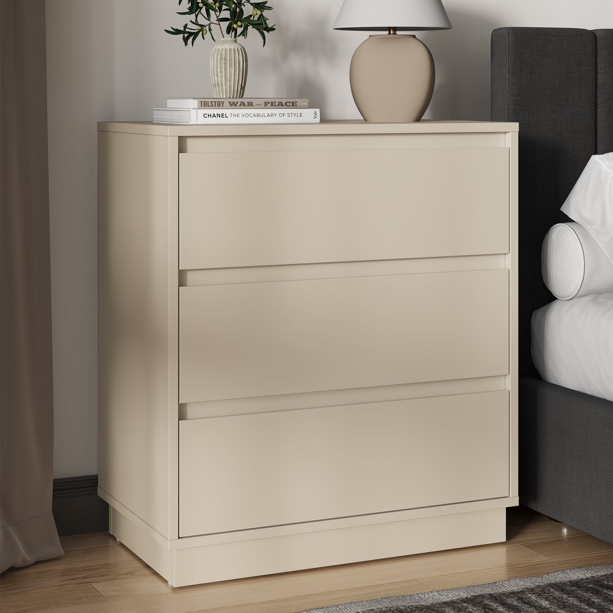 May in Color Wide Nightstand with 3 Drawers Set of 2, Nightstand for Bedroom, Large End Table Bedside Table for Home and Office, Beige