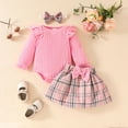 thumbnail image 4 of RMGVDSD Baby Girl Clothes Toddler Girl Fall Skirt Outfits Long Sleeve Ruffles Ribbed Romper Plaid Bowknot Skirts With Headband Clothes Set 6-9 Months, 4 of 5