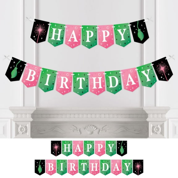 Big Dot of Happiness Witch Birthday Banner, Green Witch and Good Pink Party Decorations, Happy Birthday Bunting Banner
